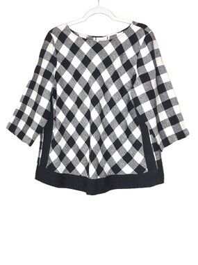 J. Jill Love Linen Black Gingham Plaid Top L 3/4 Sleeves Lagenlook